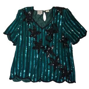 Stenay Plus Vintage Green Black Silk Beaded Sequin Short Sleeve 2X Top